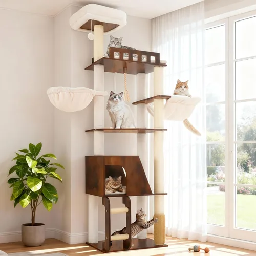 Hey-brother Árbol de madera para gatos, torre de muebles para gatos de 69.7 pulgadas con plataformas grandes, hamacas, condominio espacioso, postes