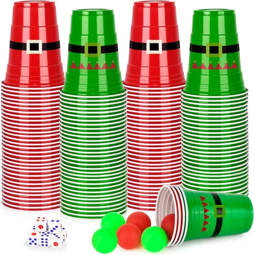 Juego de 60 piezas de juego de vasos de Navidad – Vasos de plástico rojo y verde de 16 onzas con 10 bolas rojas y verdes para juegos de fiesta de